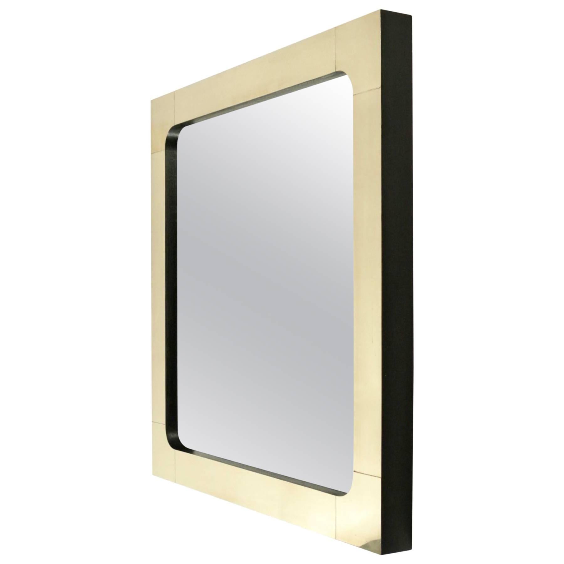 1970s Square Brass and Blackened Wood Mirror