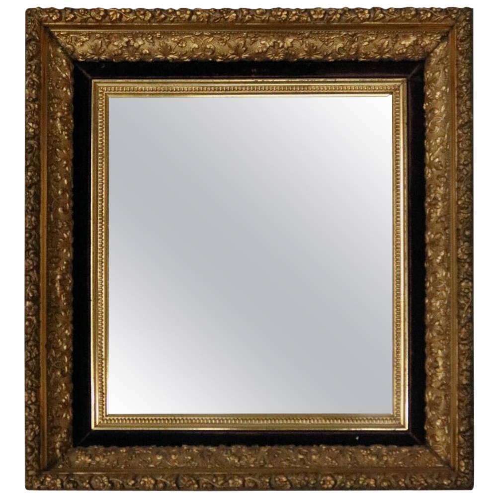 Antique First Finish Gold Gilt and Velvet Framed Wall Mirror, Dated 1888