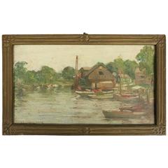 Antique 19th Century Oil on Artist Board "Boat Landing Ipswich" by F. H. Richardson