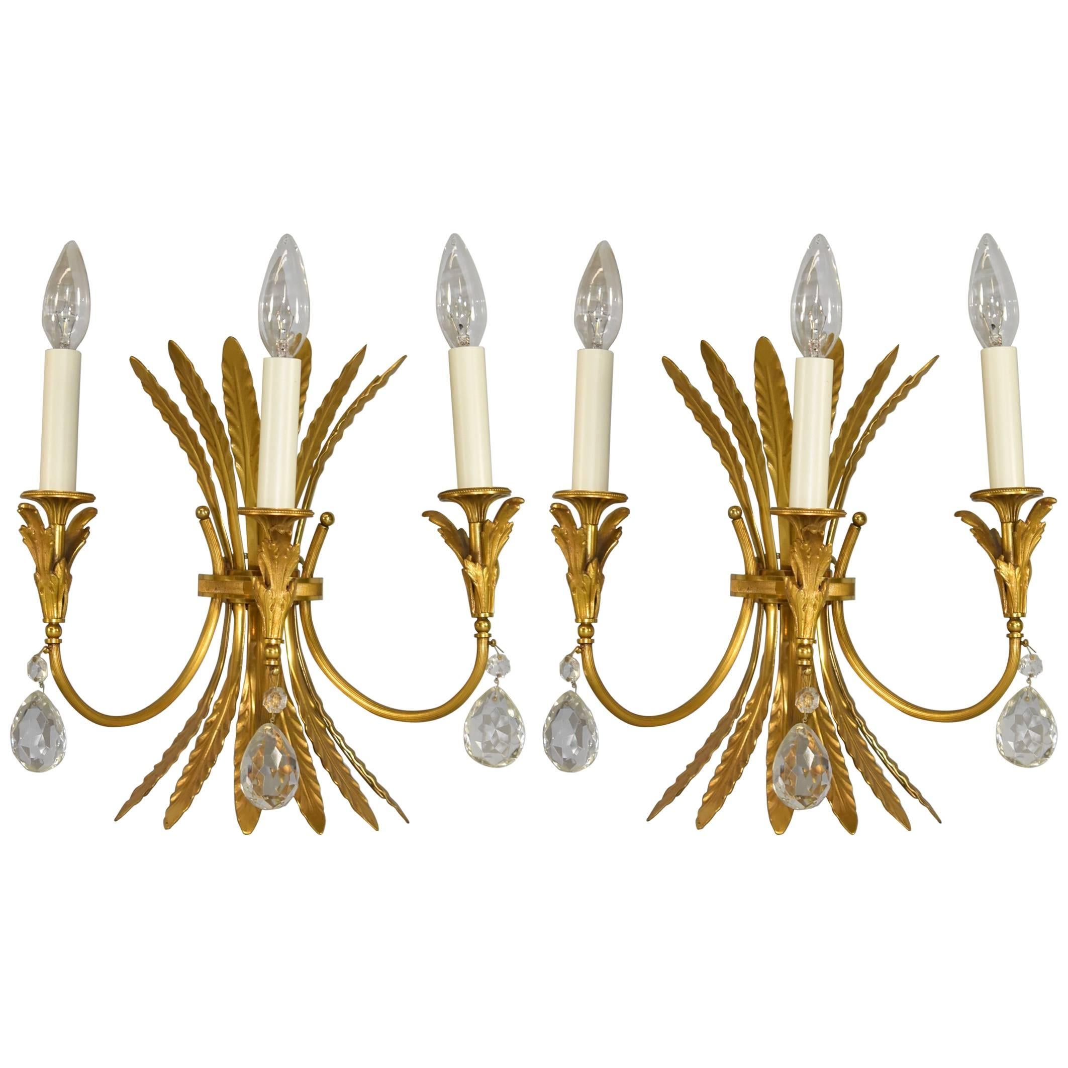 Pair of Italian Neoclassic Style Three-Arm Brass Wall Sconces