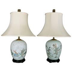 Vintage Pair of Chinese Hand-Painted Enamel Porcelain Lamps, circa 1920