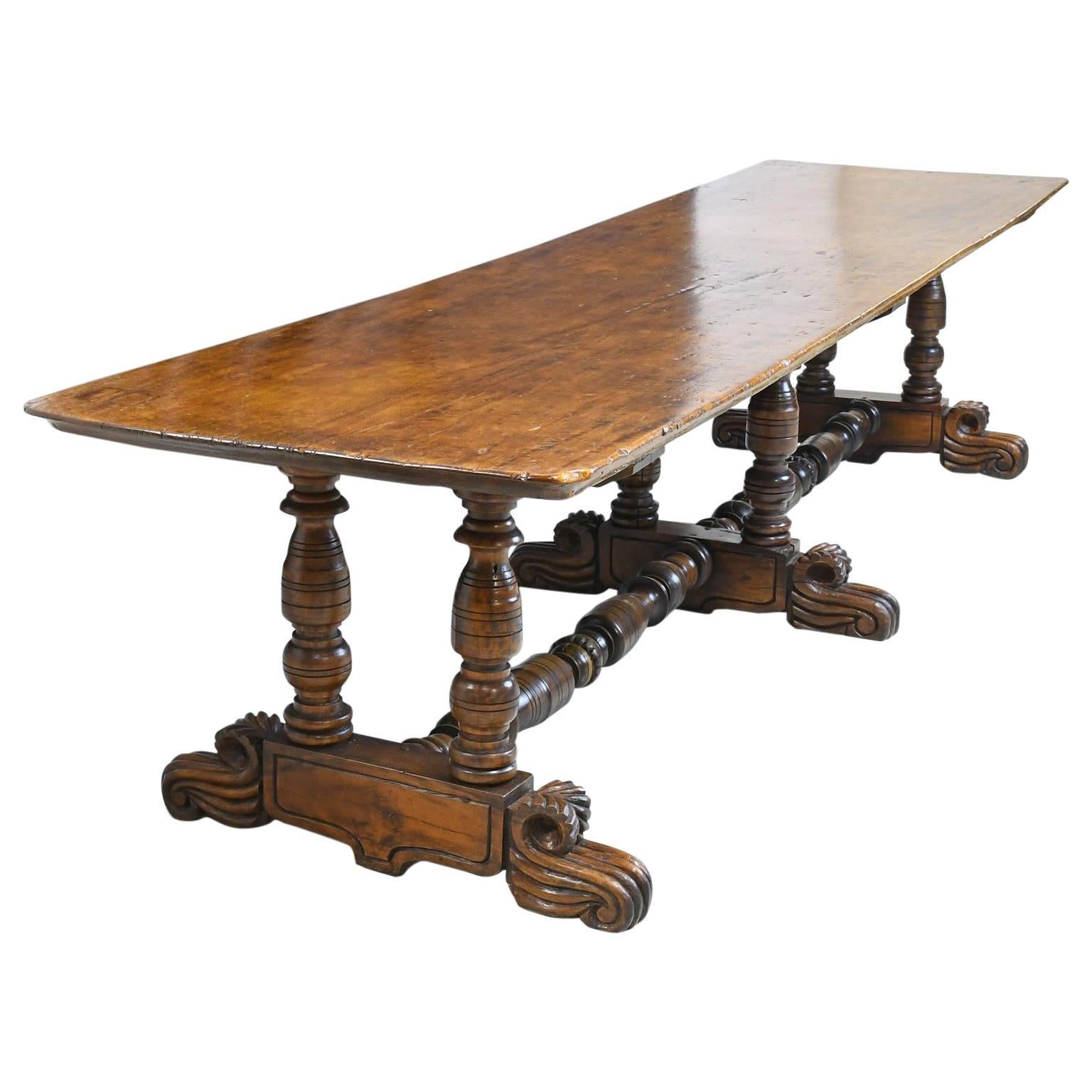 19th Century Spanish Colonial Rustic Dining Table with Carved Trestle Base