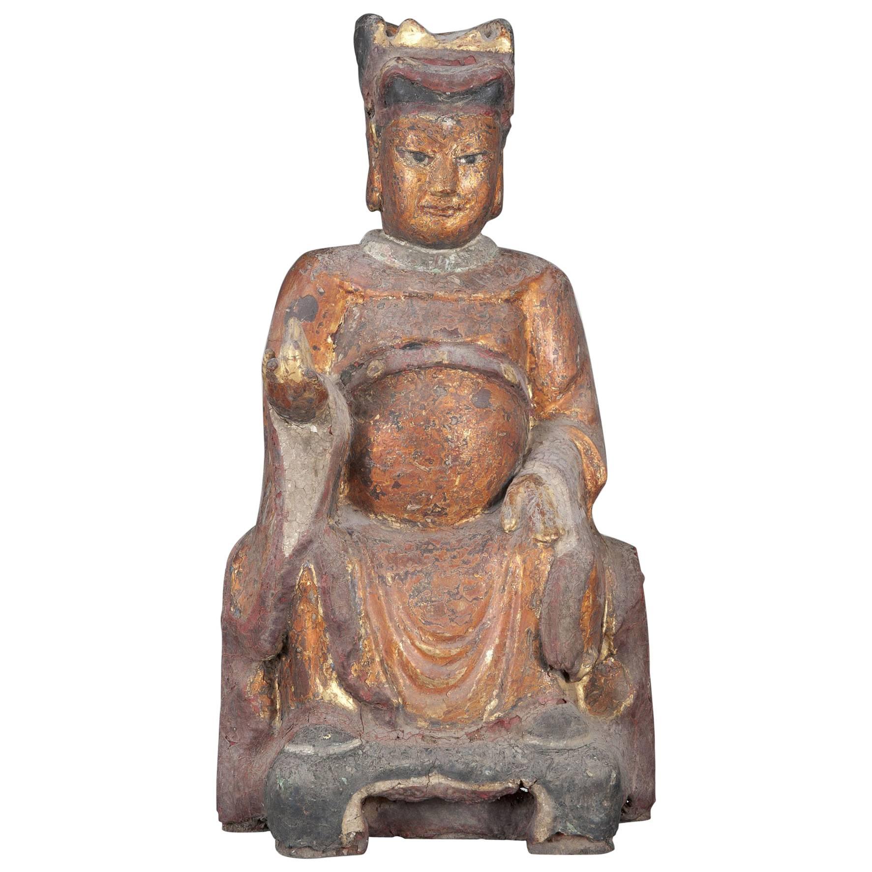 Wood Sculpture of a Taoist Deity, 19th Century, Qing Dynasty For Sale