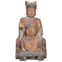 Antique Wood Sculpture of a Taoist Deity, 19th Century, Qing Dynasty