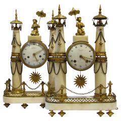 Antique Two Late-18th Century Louis XVI Ormolu-Mounted and Carrara Marble Mantel Clocks