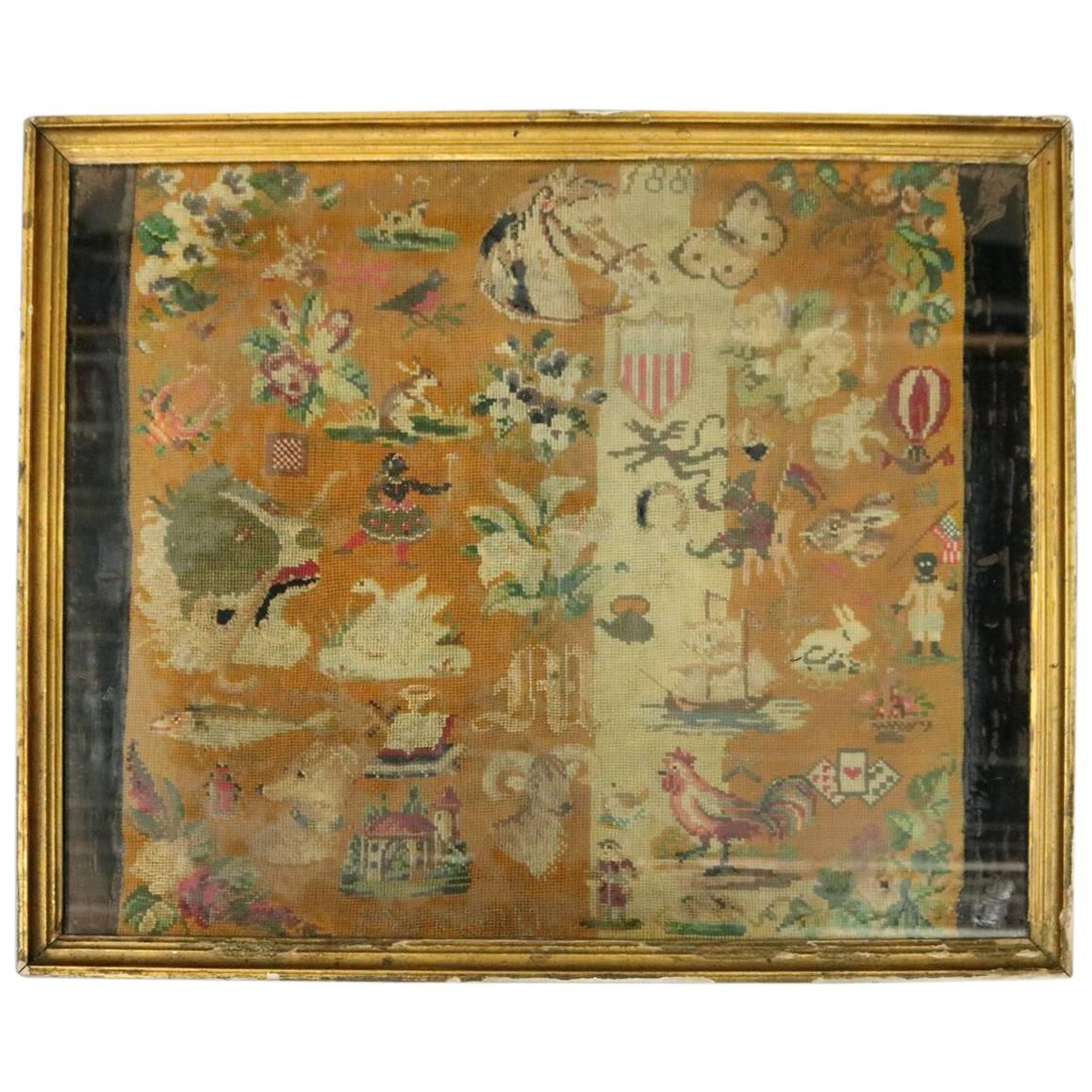 Antique Folk Art Needlepoint with Americana Patriotic Theme, Dated 1881