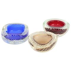 Vintage Trio of Galliano Ferro Red, Blue and Toffee Bullicante Murano Geode Glass Bowls