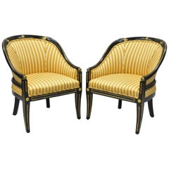 Pair Black Ebonized Gold Regency Barrel Back Slipper Accent Club Lounge Chairs