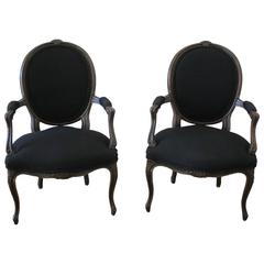 Pair of Walnut Fauteuils Louis XV Style Upholstered in Black Linen