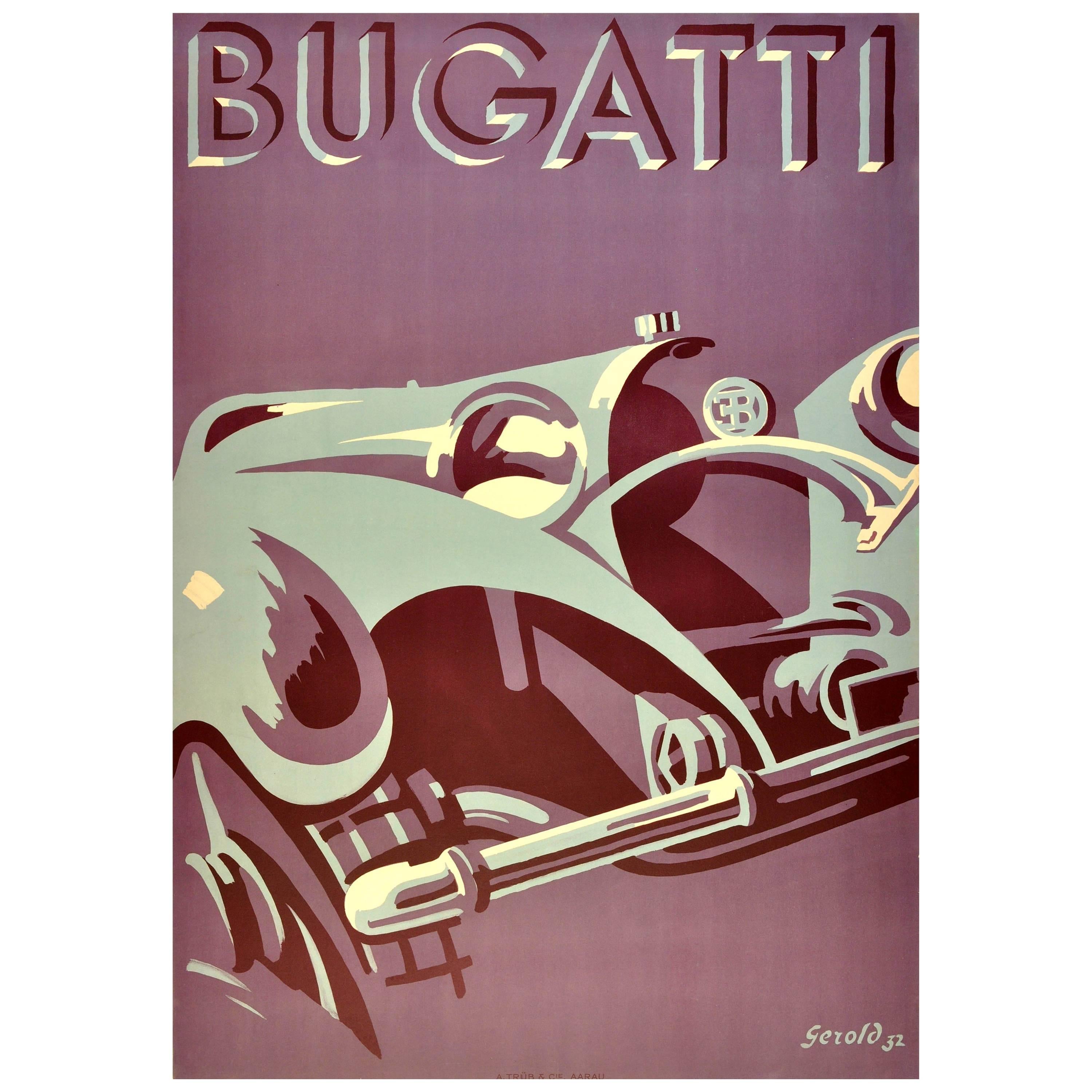 Large Original Vintage Iconic Art Deco Car Advertising Poster, “Bugatti Type 55”