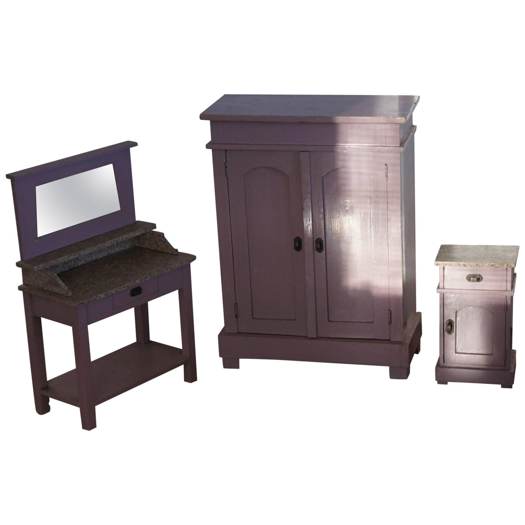 1920 Art Deco Miniature Bedroom Furniture Wardrobe Bedside Cabinet & Wash Stand For Sale