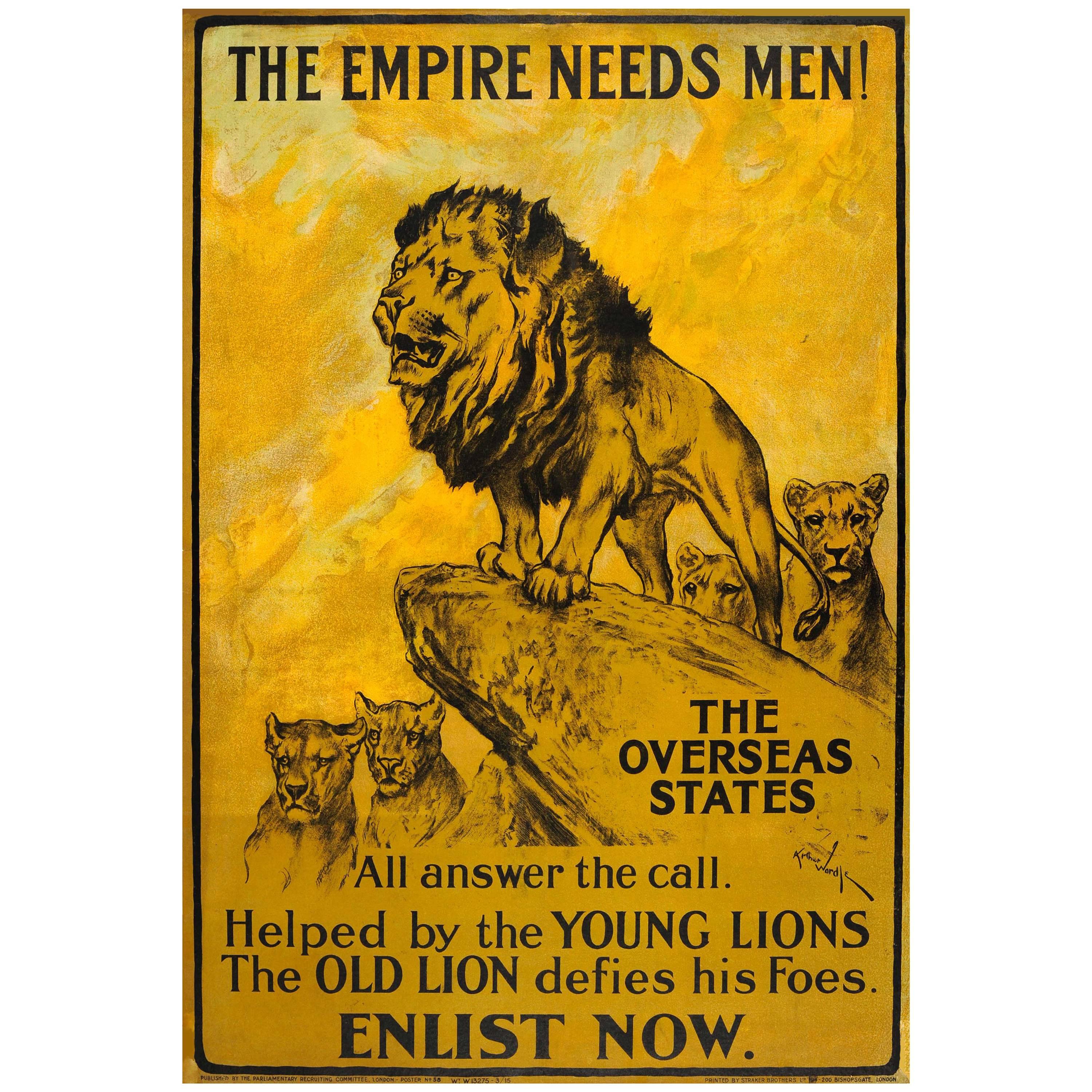 Original Antique World War One Poster: The Empire Needs Men! Young and Old Lions