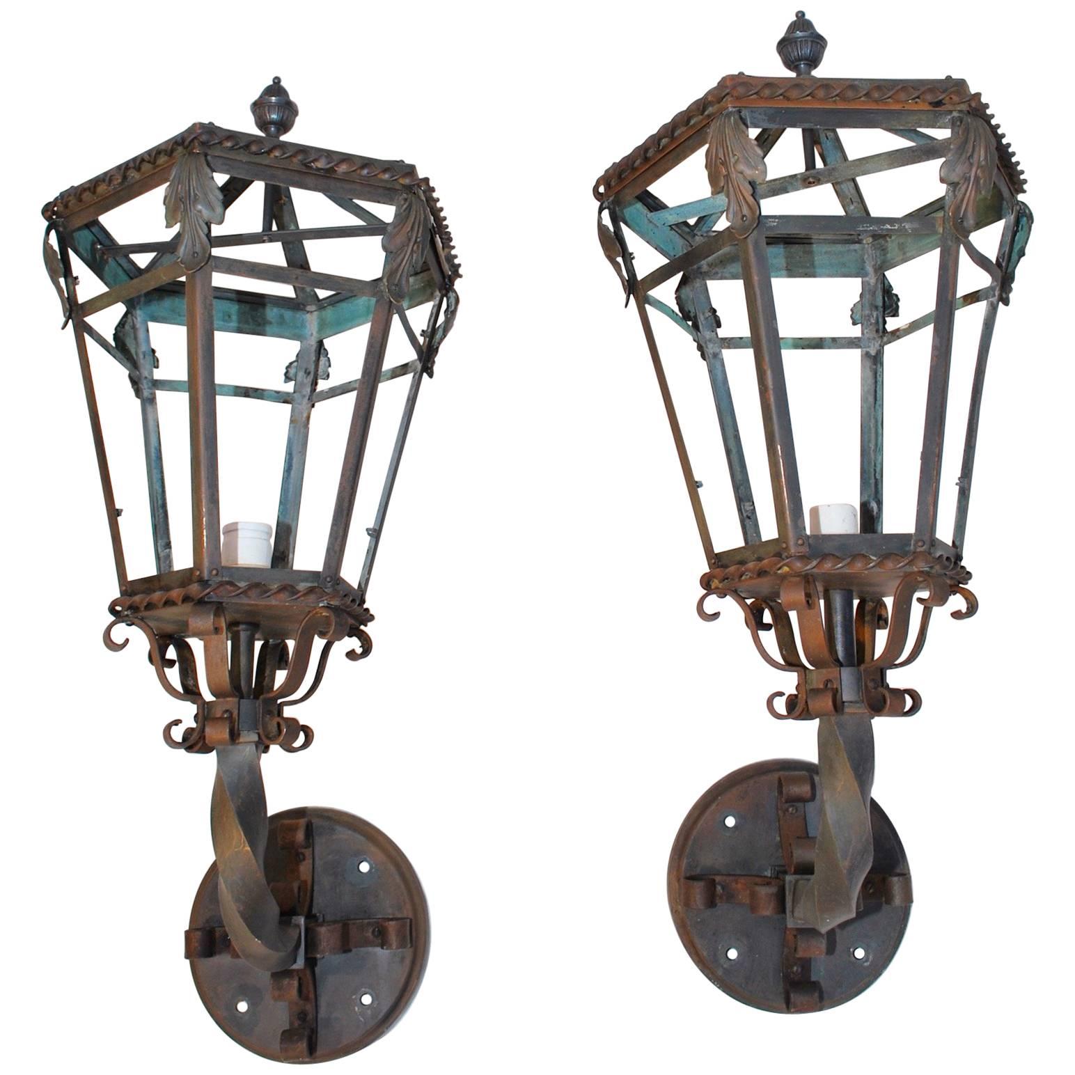 Beautiful and Rare Large 1920s Bronze and Wrought Iron Outdoor Sconces