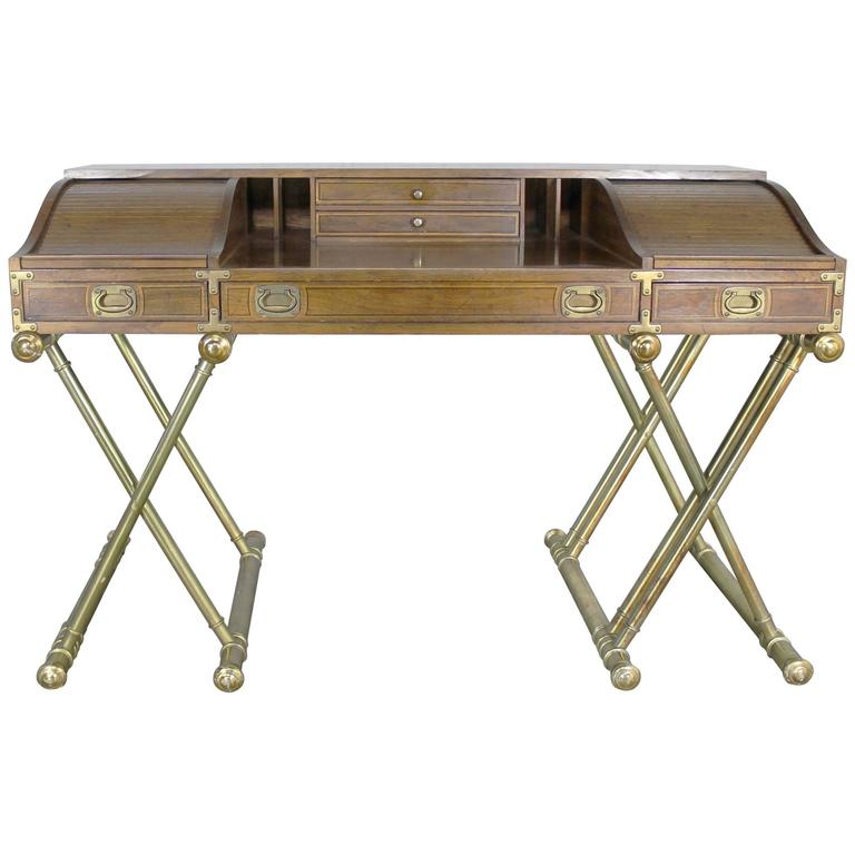 Vintage Drexel Campaign Desk With Gilt X Base Legs And Low Roll Top Vintage Drexel Campaign Desk With Gilt X Base Legs And Low Roll Top For