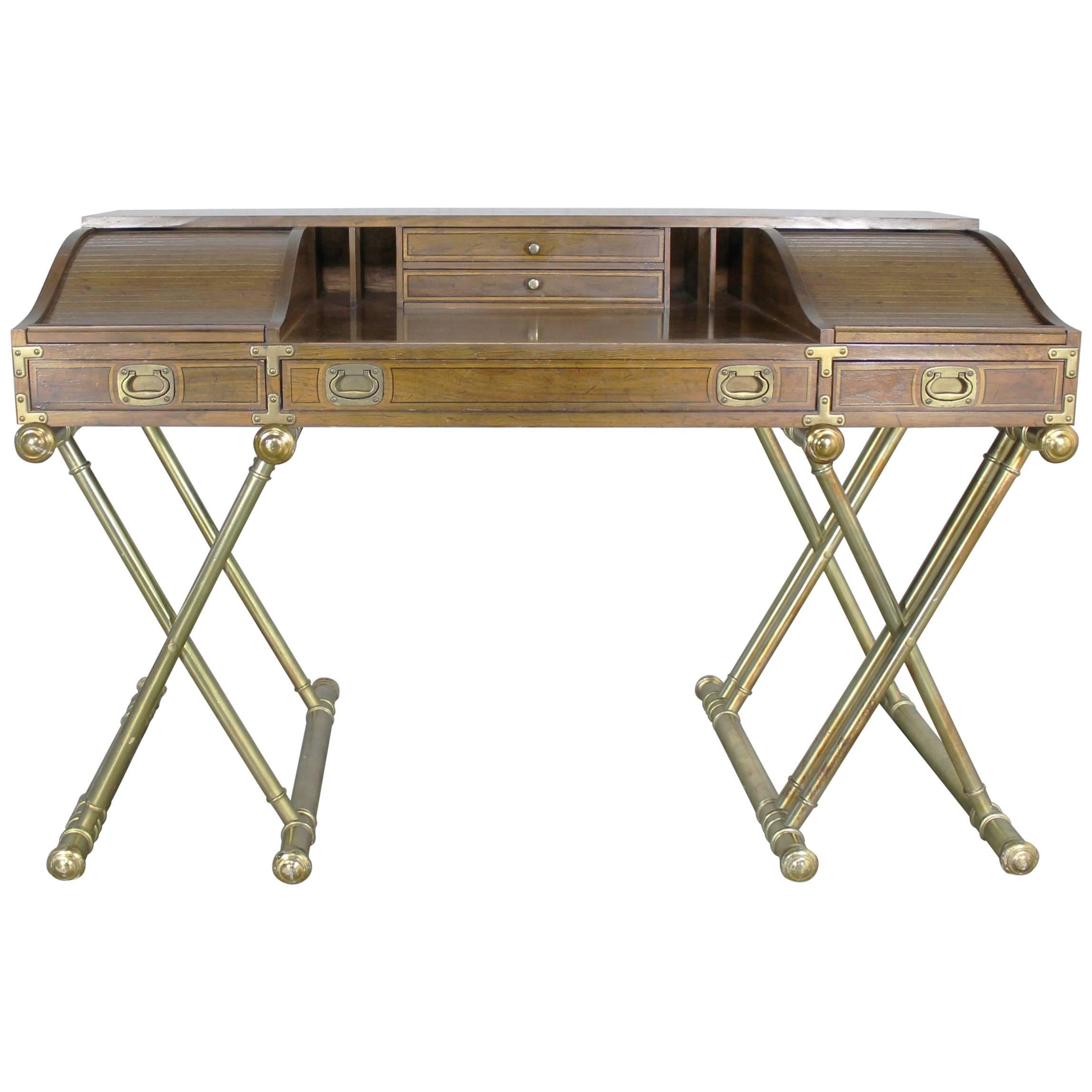 Vintage Drexel Campaign Desk with Gilt X-Base Legs and Low Roll Top