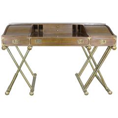 Retro Drexel Campaign Desk with Gilt X-Base Legs and Low Roll Top