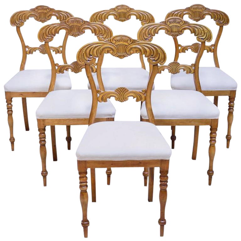 19th Century Set of Six Karl Johan Dining Chairs in Birch with Upholstered Seats For Sale