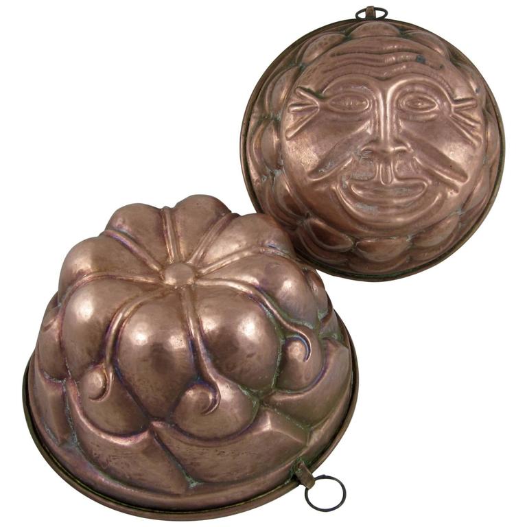 Hammered Copper Victorian English Pudding Molds, Sun and Waves, Set of