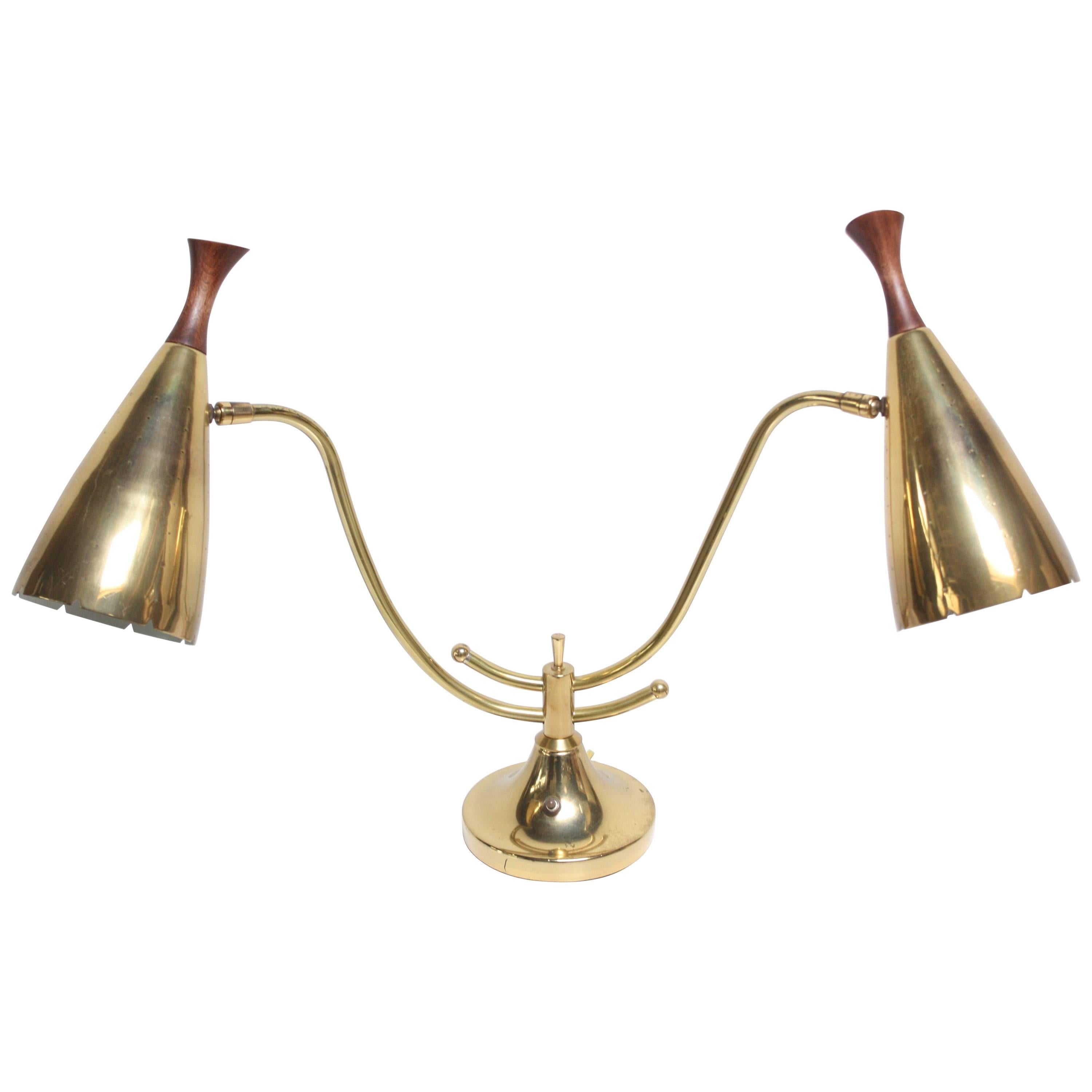 Mid-Century Double Fixture Brass and Walnut Table Lamp