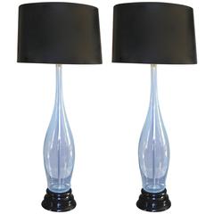 Pair of Mid-Century Murano Opalescent Black Turned Wood Base Table Lamps