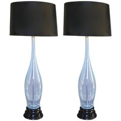 Pair of Mid-Century Murano Opalescent Black Turned Wood Base Table Lamps