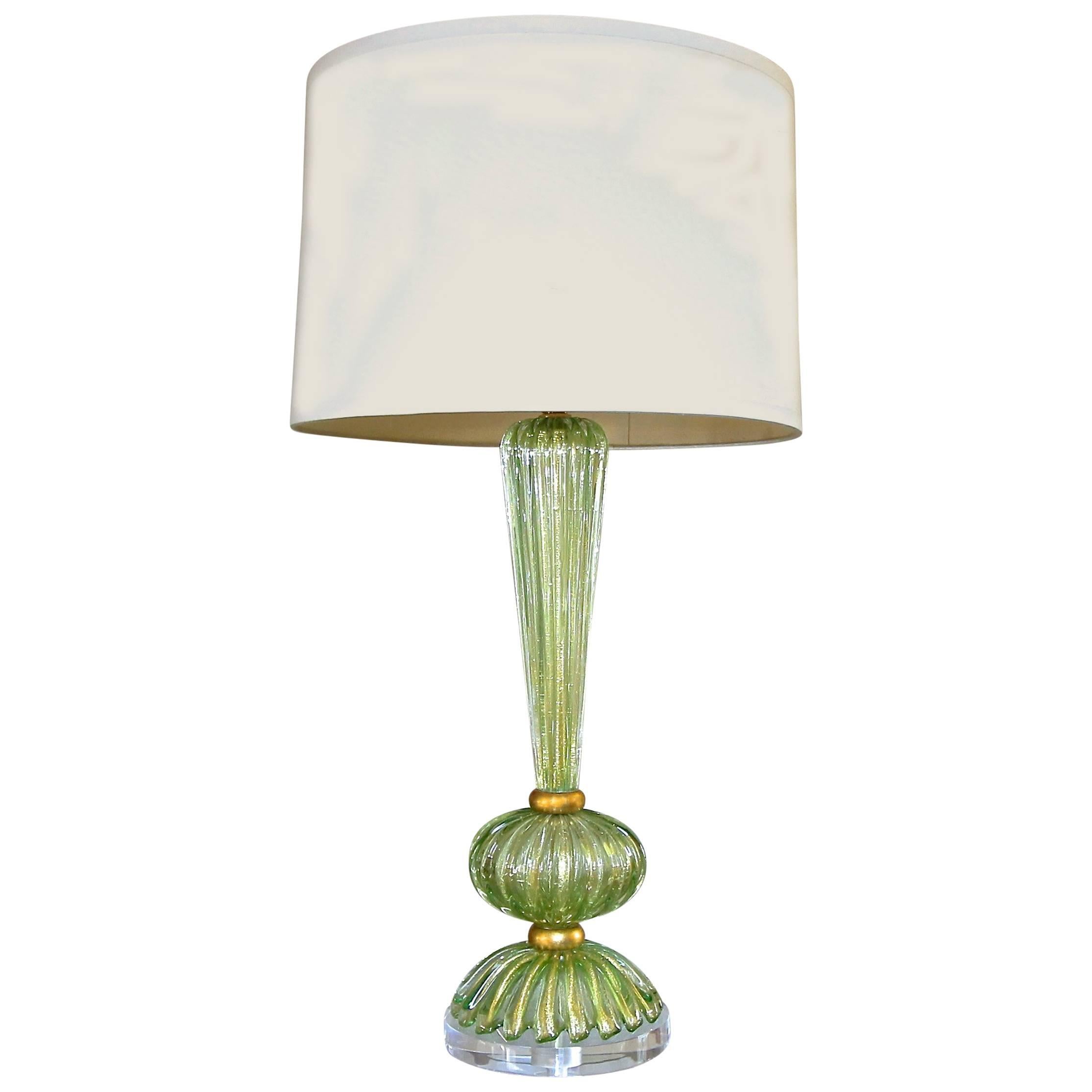 Single Green and Gold Italian Murano Glass Table Lamp