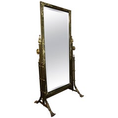 Antique French Brass Cheval Mirror with Gilt Bronze Mounts