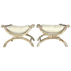 Pair of Italian Giltwood X-Benches with Cushions