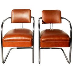 Pair of 1930s Chromcraft Cantilever Armchairs in Leather