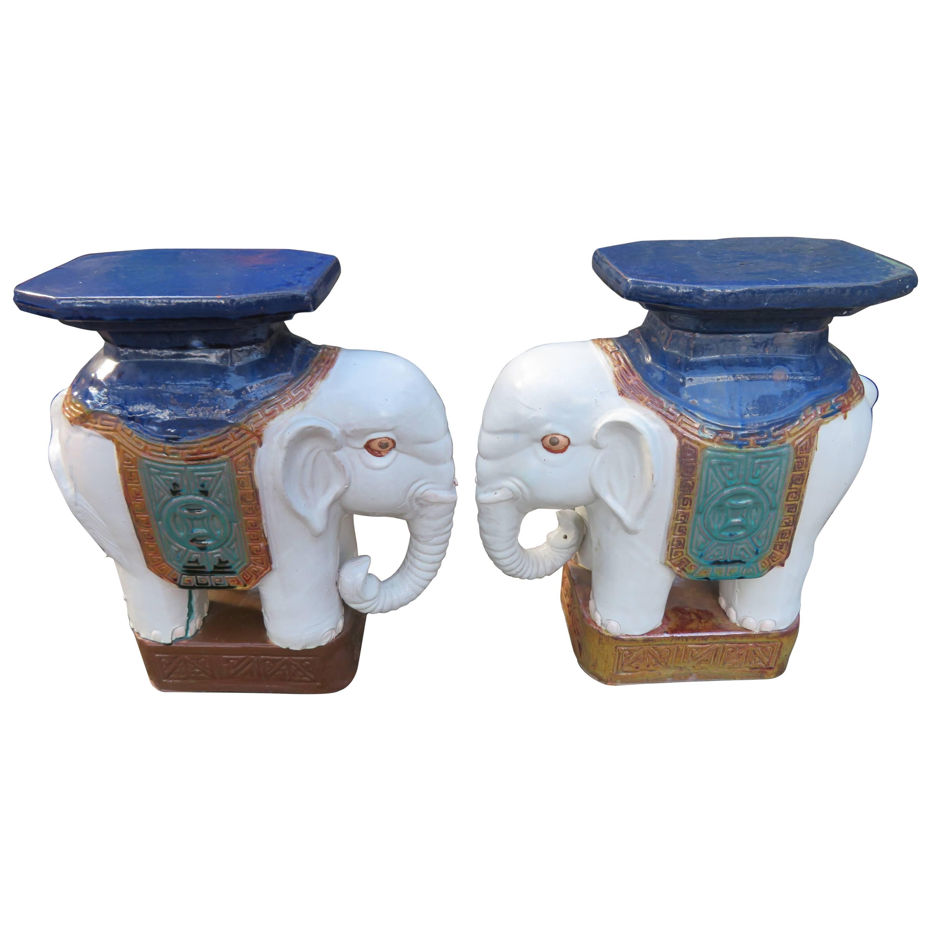 Whimsical Pair of Glazed Terracotta Elephant Stool Tables Mid-Century