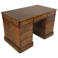 Antique Early Victorian Figured Walnut Nine-Drawer Pedestal Desk