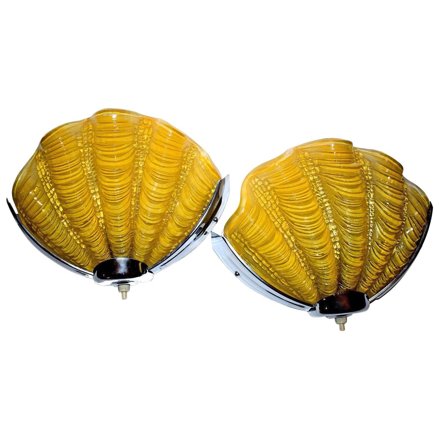 1930s Art Deco Daffodil Yellow Shell Wall Lights or Sconces