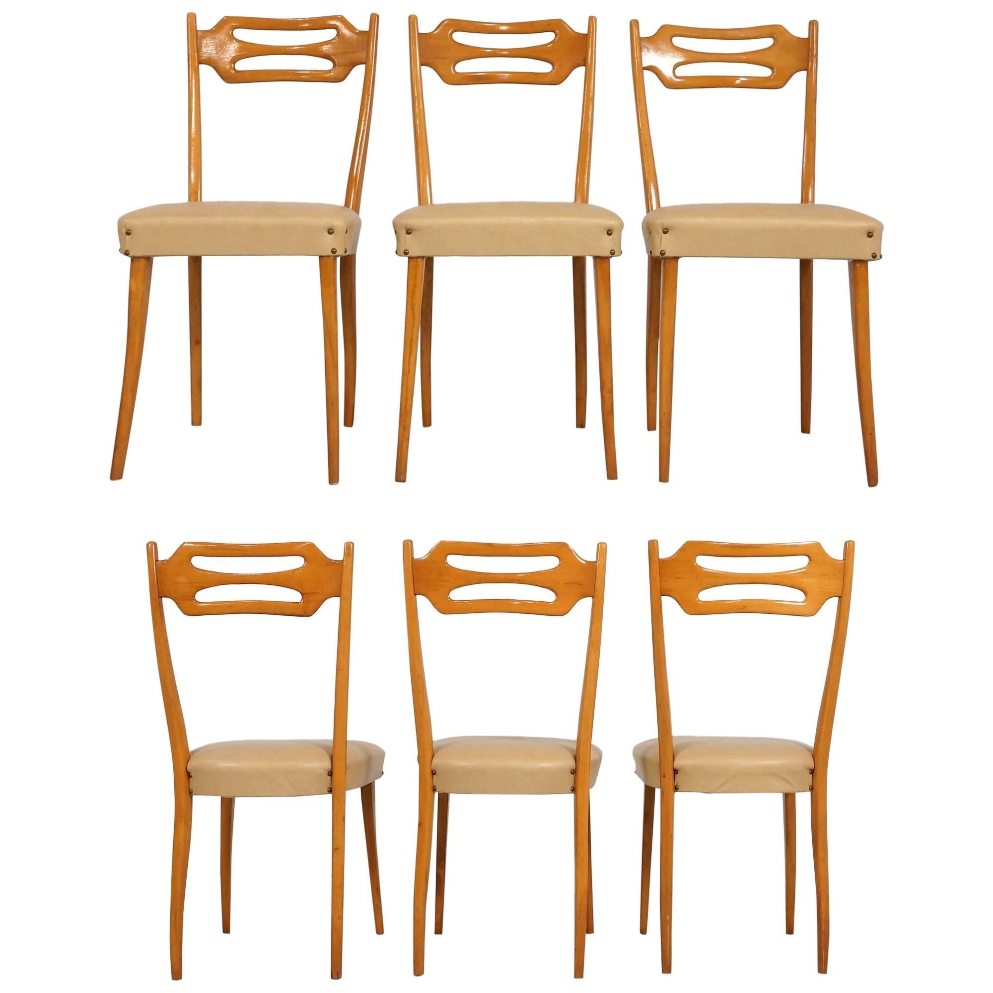 Italian Dining Chairs in Polished Maple Wood, Set of Six For Sale