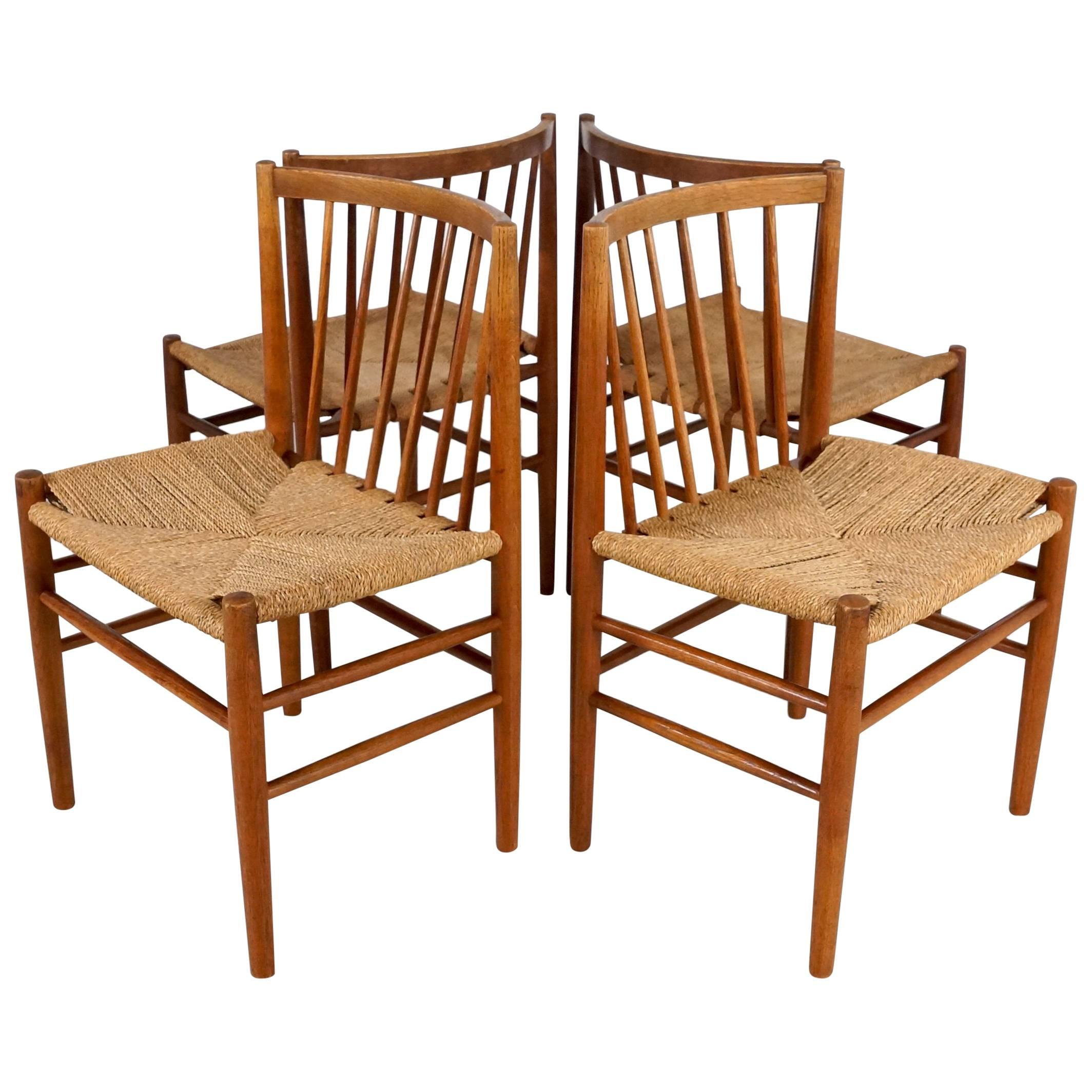 Scandinavian Dining Chairs by Jørgen Bækmark in Oak and Paper Cord, Set of Four For Sale