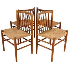 Scandinavian Dining Chairs by Jørgen Bækmark in Oak and Paper Cord, Set of Four