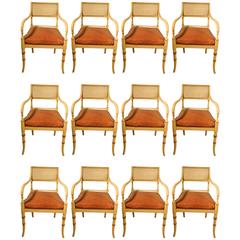 Maison Jansen, Set of 12 Neocolonial Armchairs in Lacquered Wood and Leather