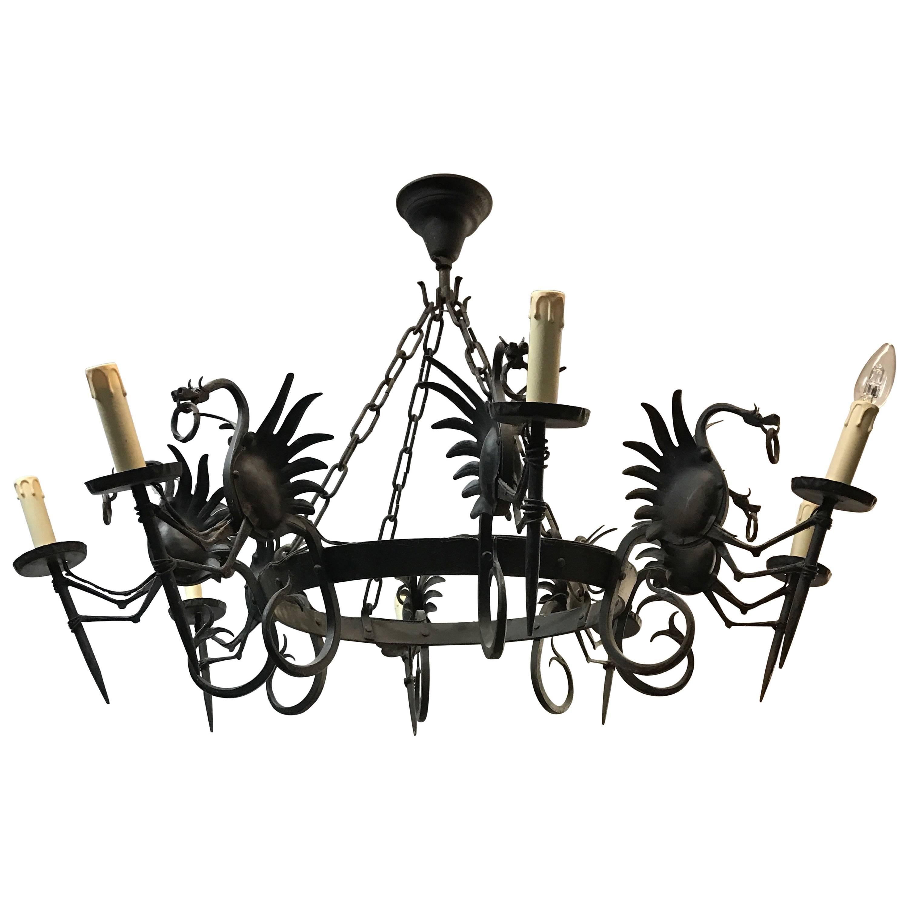Impressive Large Forged Wrought Iron Eight-Light Chandelier w Dragon Sculptures