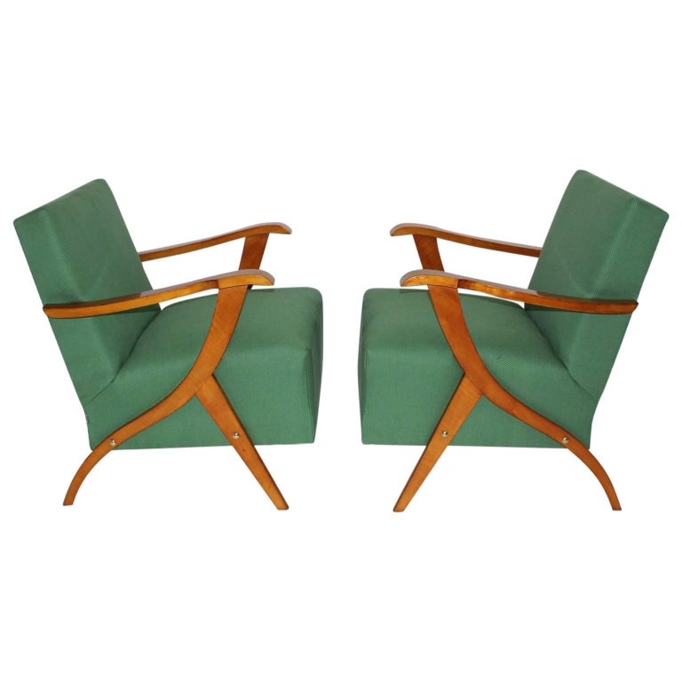 Mid Century Modern Vintage Green Fabric and Wood Lounge Chairs, 1950s