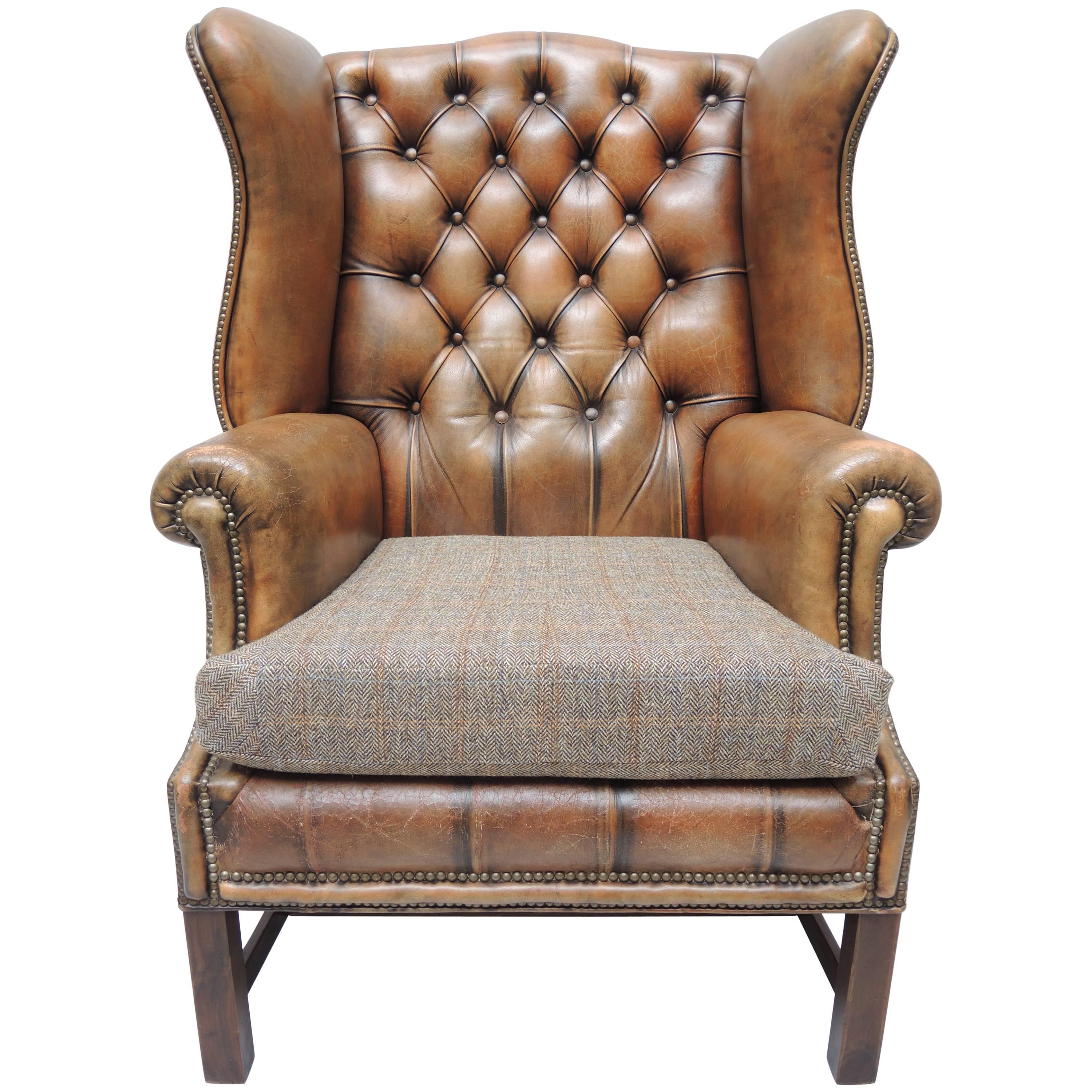 English Georgian Style Brown Leather Wing Chair with Brass Nail Head Trim
