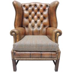 Vintage English Georgian Style Brown Leather Wing Chair with Brass Nail Head Trim