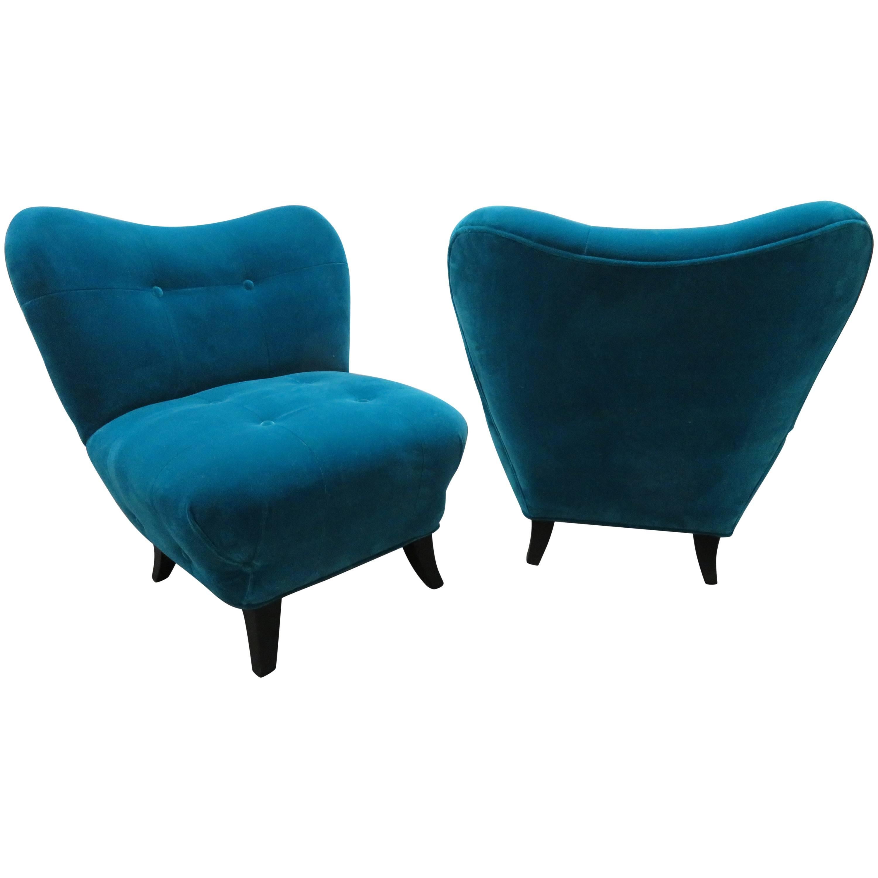 Excellent Pair of Gilbert Rohde Style Mohair Slipper Chairs, Mid-Century Modern For Sale