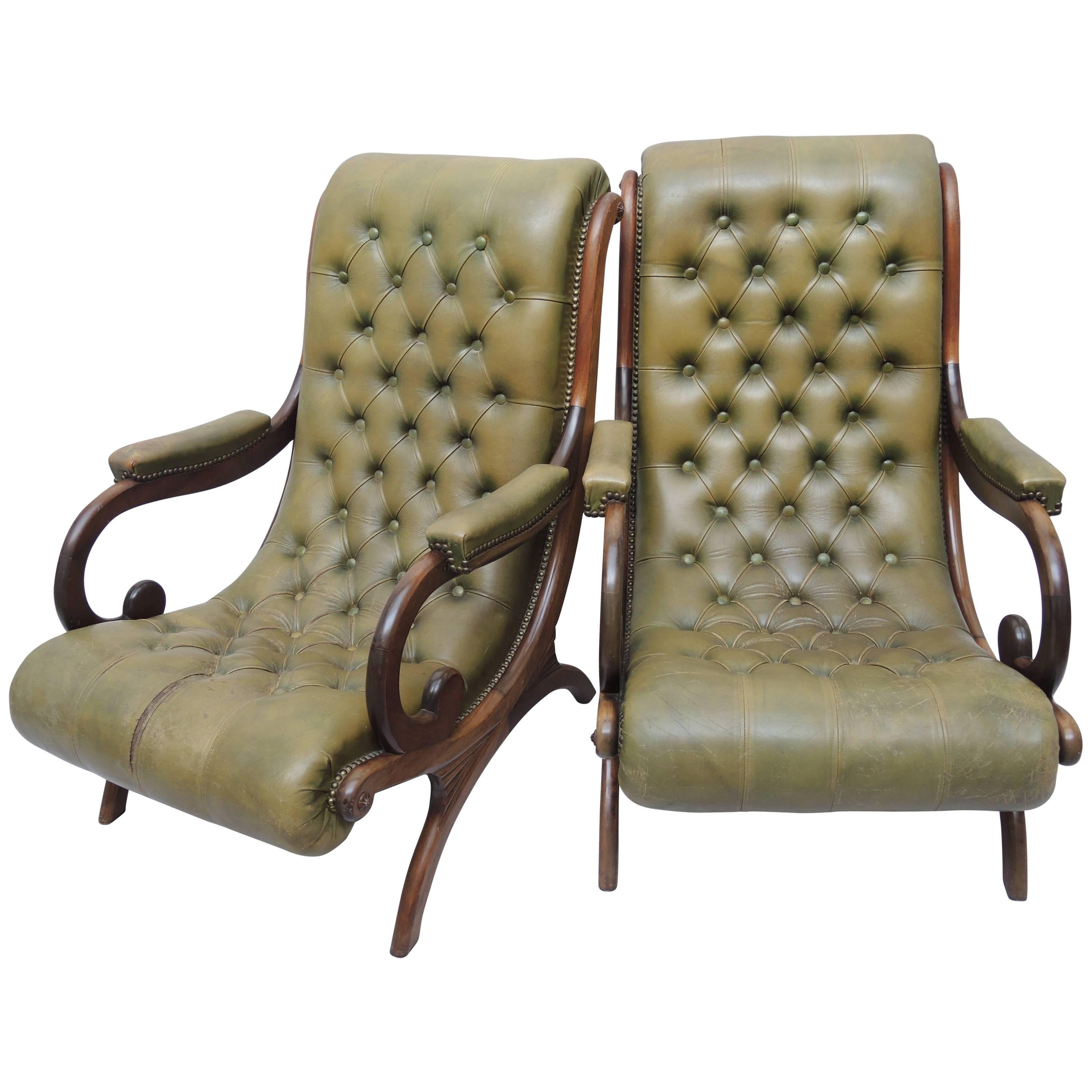 Pair of Mahogany Tufted Leather British Colonial Arm Chairs