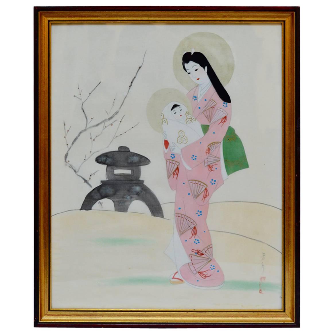 Vintage Japanese Painting on Silk "Madonna and Child"