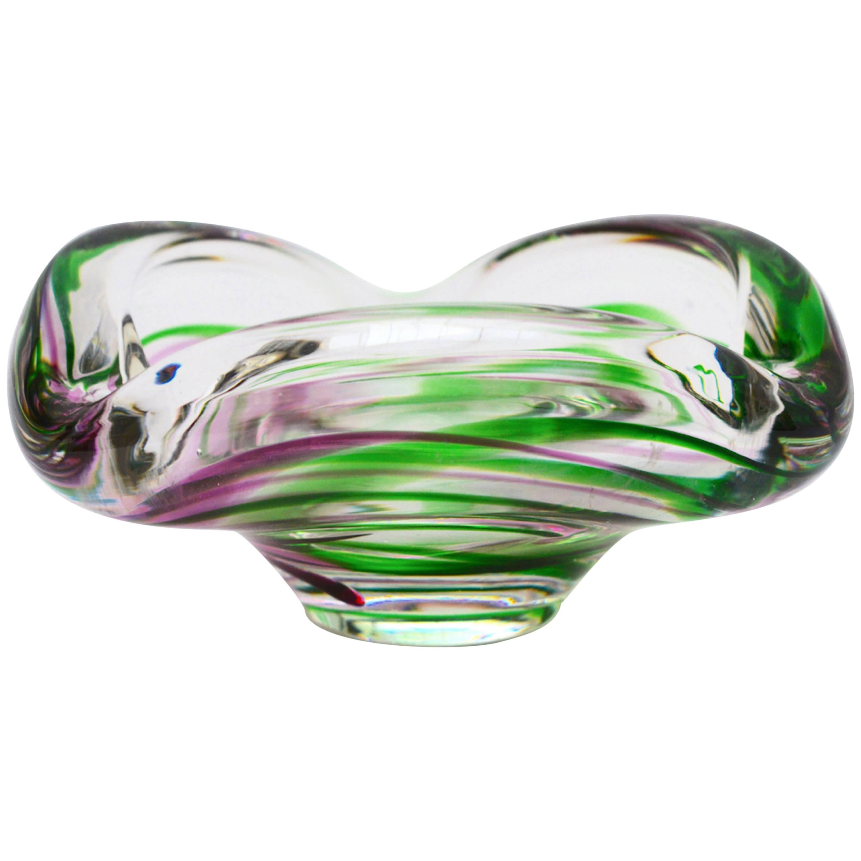 Mid-Century Modern Murano Glass Bowl with Green & Lavender Swirl Design, Signed