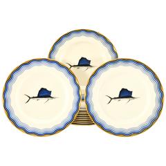 Set of 12 Lenox Blue Sailfish Dinner Plates Gold Waves Black Starr Frost Gorham 3