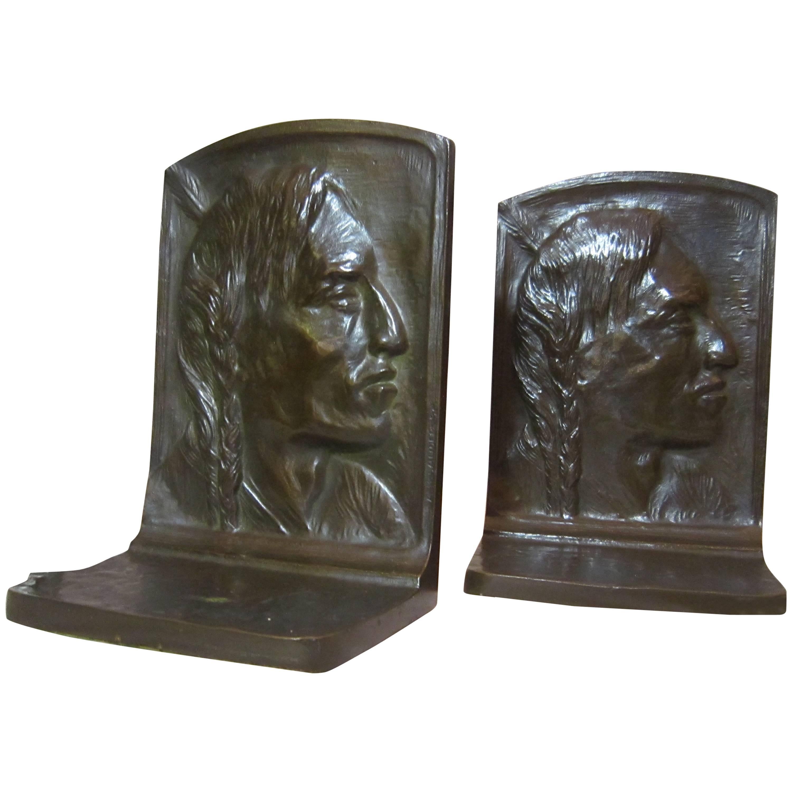 Artist Signed Bronze Bookends of American Indian