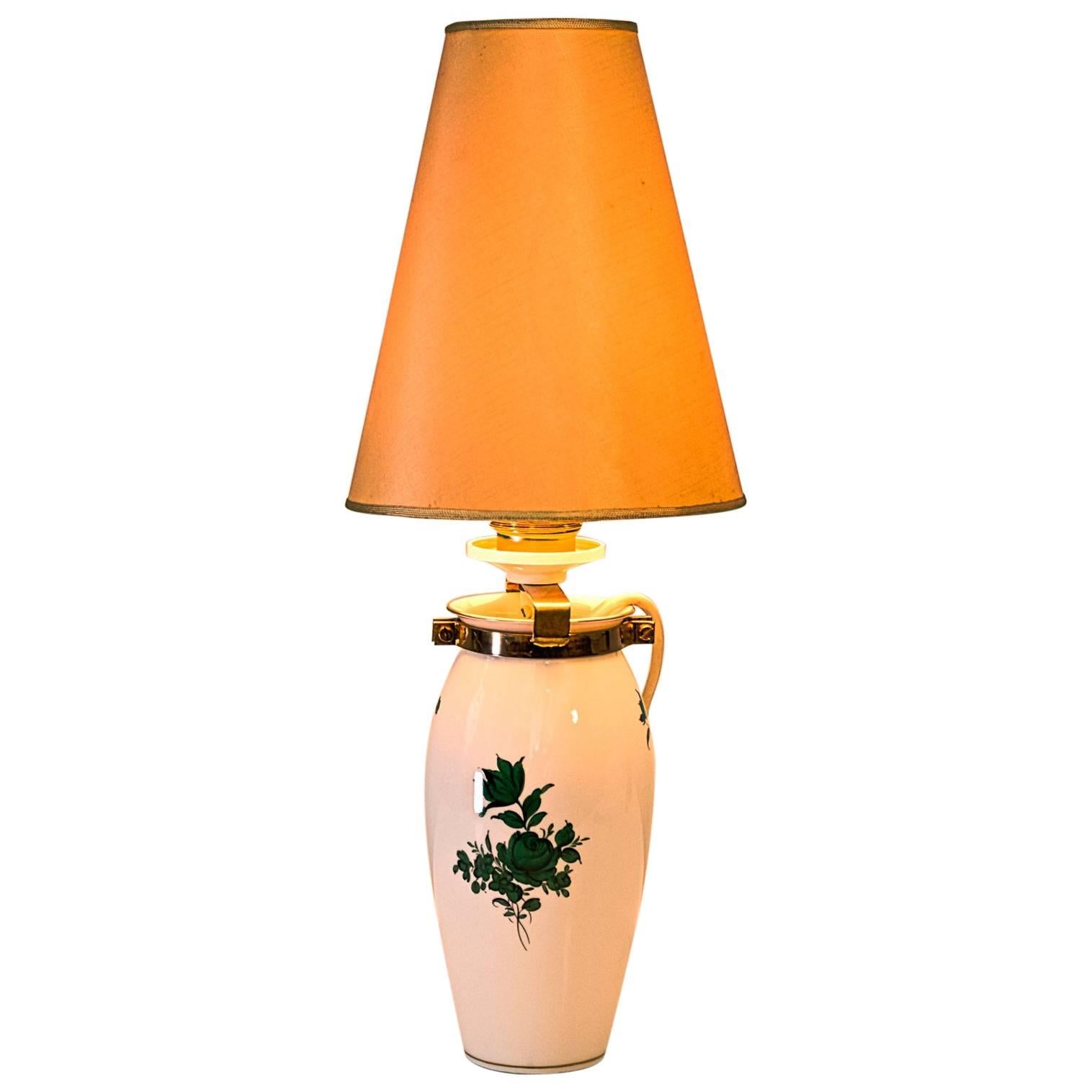 Augarten Maria Theresia Green Rose Porcelain Lamp with Original Shade For Sale