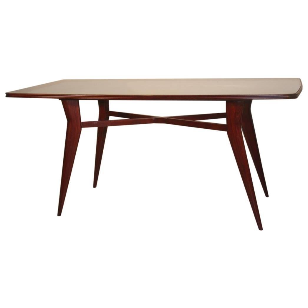 Mid-Century Italian Dining table rectangular Walnut and Glass Colored, 1950s For Sale