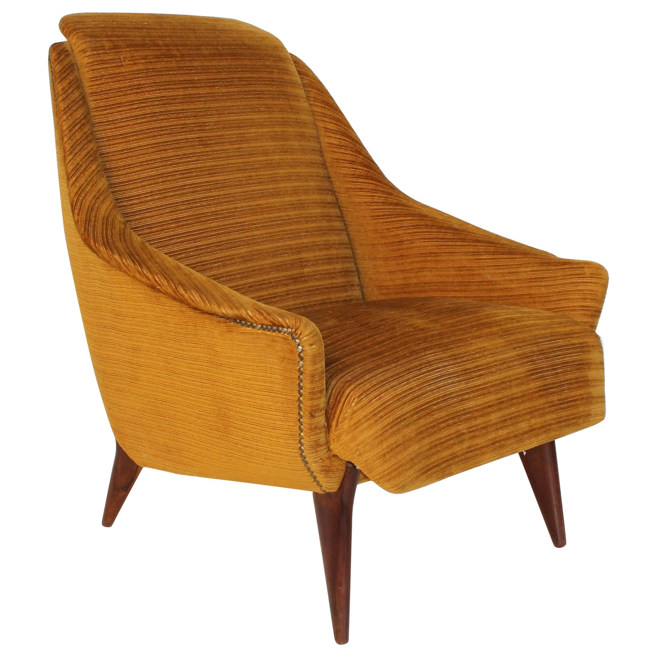 1950 Yellow Velvet with Teak feet Metal Beading Armchair Attributed to Isa For Sale
