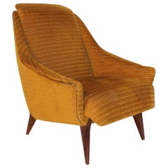 Retro 1950 Yellow Velvet with Teak feet Metal Beading Armchair Attributed to Isa